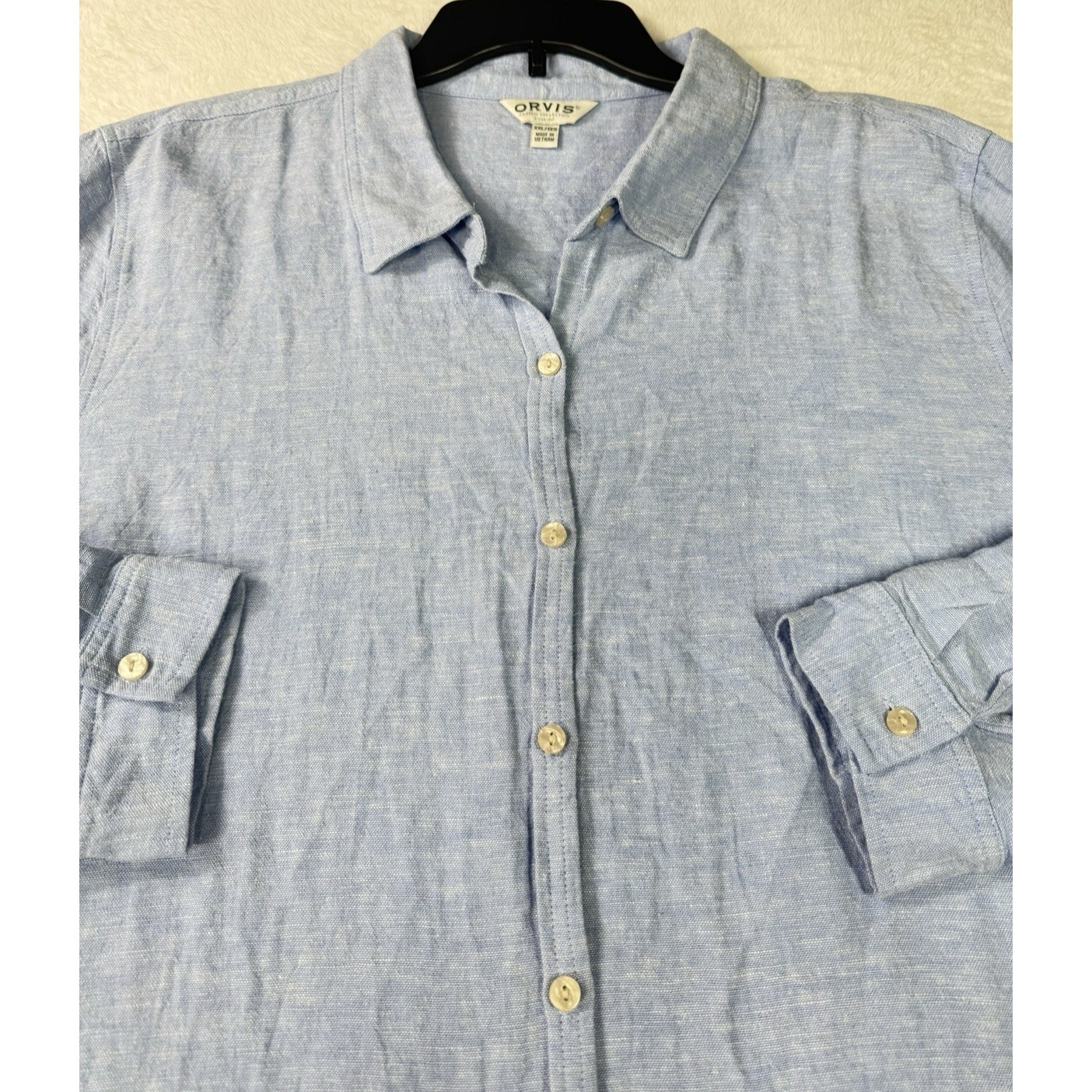 Orvis Button Down Linen Shirt Women's Xxl Blue Roll Tab Sleeve Beach Comfort